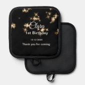 Goud zwart glitter voeg naam verjaardagsdatum jaar pannenlap (Voorkant / Achterkant)