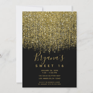 Goud & Zwart Glitterend Sweet 16 Feestje Kaart