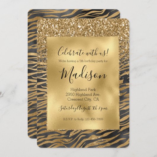 Goud Zwart Glitzy Glitter Sparkle Zebra Print Kaart (Voorkant / Achterkant)