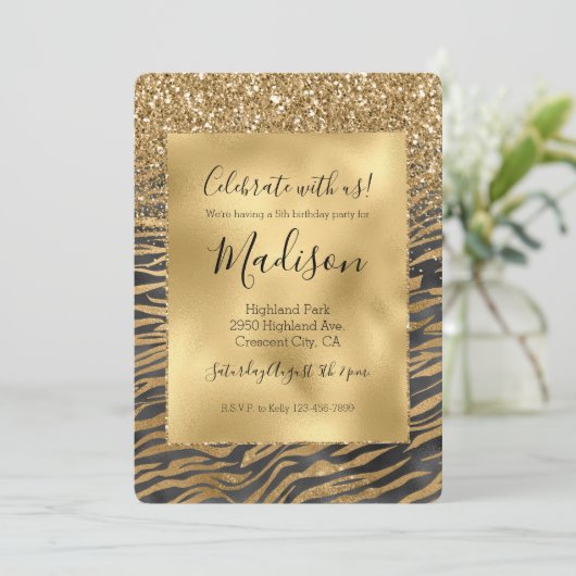 Goud Zwart Glitzy Glitter Sparkle Zebra Print Kaart (Staand voorkant)