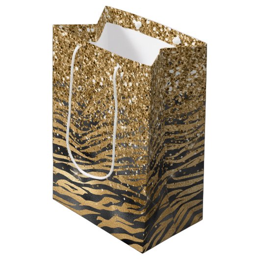 Goud Zwart Glitzy Glitter Sparkle Zebra Print Medium Cadeauzakje (Voorkant Gekanteld)