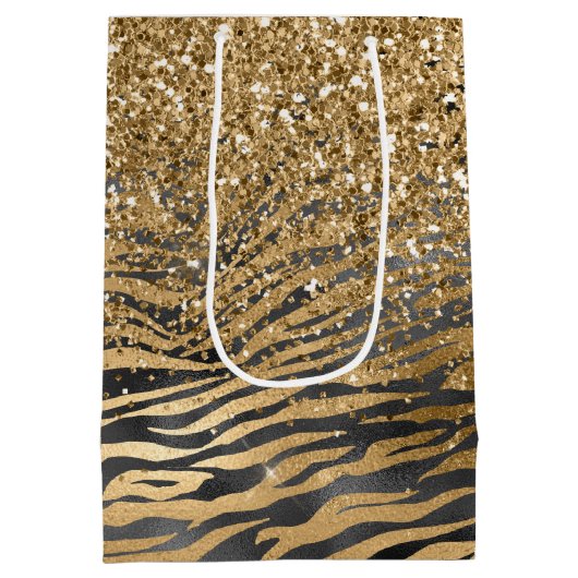 Goud Zwart Glitzy Glitter Sparkle Zebra Print Medium Cadeauzakje (Achterkant)