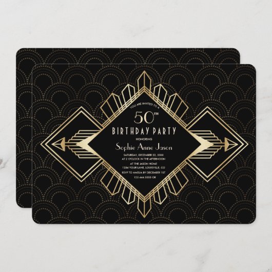 Goud Zwart Great Gatsby Verjaardagsfeest in Vintag Kaart (Voorkant / Achterkant)