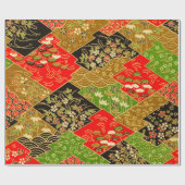 Goud Zwart Groen Japans Kimono Bloemen Decoupage Cadeaupapier (Vlak)