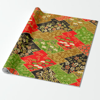 Goud Zwart Groen Japans Kimono Bloemen Decoupage Cadeaupapier
