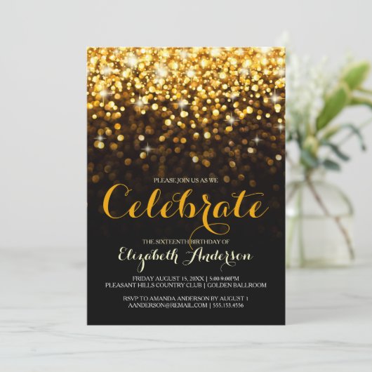 Goud Zwart Hollywood Glam Sweet Zestien Uitnodigin Kaart (Staand voorkant)