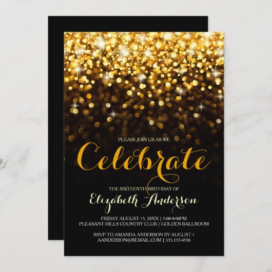 Goud Zwart Hollywood Glam Sweet Zestien Uitnodigin Kaart (Voorkant / Achterkant)