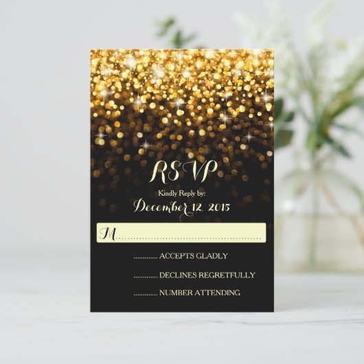 Goud Zwart Hollywood Glitz Glam Bruiloft RSVP (Staand voorkant)