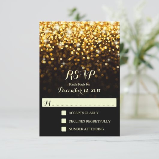 Goud Zwart Hollywood Glitz Glam Bruiloft RSVP Kaartje (Staand voorkant)