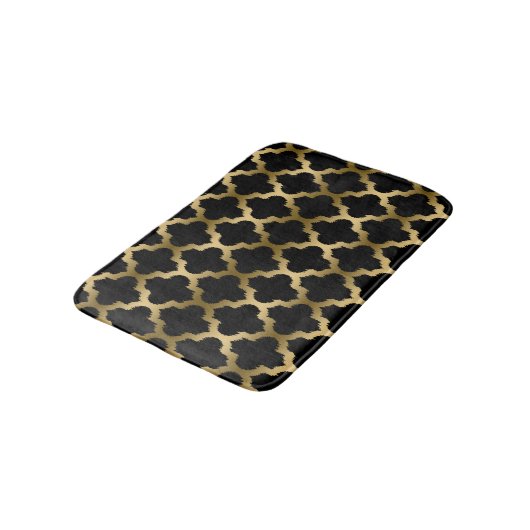 Goud & Zwart Ikat Quatrefoil geometrisch patroon Badmat (Gekanteld)