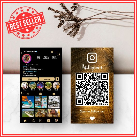 Goud & Zwart Instagram LUXE Metaal QR Code Visitekaartje
