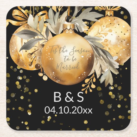 Goud Zwart Kerst Huwelijk Kartonnen Onderzetters (Voorkant)
