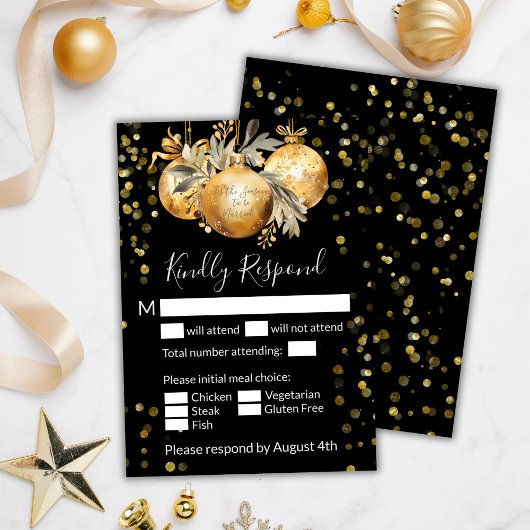 Goud Zwart Kerst Huwelijk RSVP Kaartje