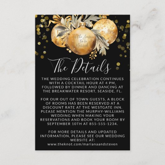 Goud Zwart Kerstmis Bruiloft Details Informatiekaartje (Voorkant)