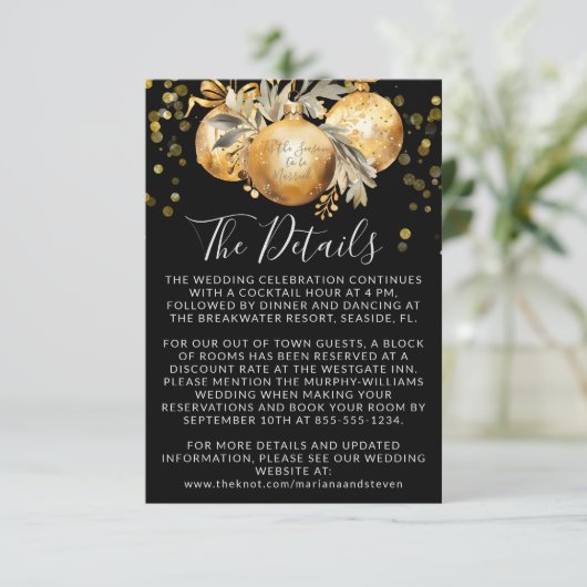 Goud Zwart Kerstmis Bruiloft Details Informatiekaartje (Staand voorkant)