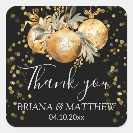 Goud Zwart Kerstmis bruiloft gunst Vierkante Sticker (Voorkant)