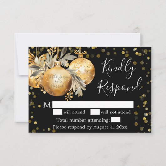 Goud Zwart Kerstmis Bruiloft RSVP Kaart (Voorkant)