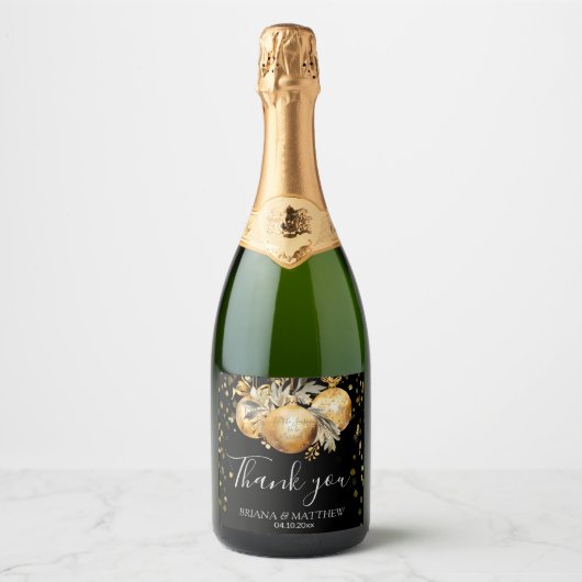 Goud Zwart Kerstmis Bruiloft Sparkling Wijnetiket (Voorkant)