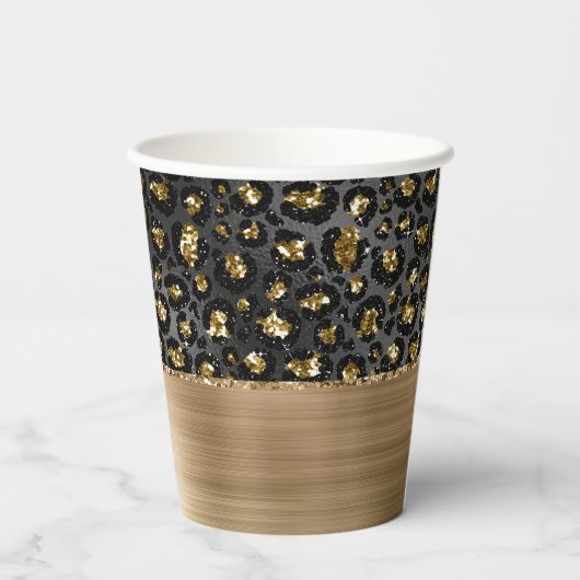 Goud Zwart Leopard Glitter Papieren Bekers (Achterkant)