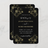 Goud Zwart Luxe Bruiloft uitnodiging met bloemen (Voorkant / Achterkant)
