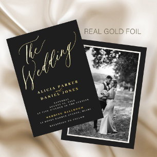 Goud zwart luxe elegante script foto bruiloft folie uitnodiging