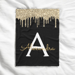 Goud Zwart Luxe Glitter Glam Monogram Naam Fleece Deken