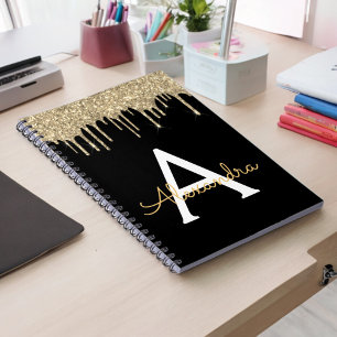 Goud Zwart Luxe Glitter Glam Monogram Naam Notitieboek