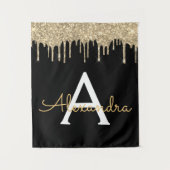 Goud Zwart Luxe Glitter Glam Monogram Naam Wandkleed (Voorkant)