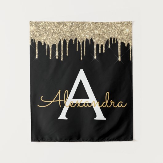Goud Zwart Luxe Glitter Glam Monogram Naam Wandkleed (Voorkant)