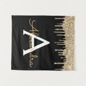 Goud Zwart Luxe Glitter Glam Monogram Naam Wandkleed (Voorkant (horizontaal))