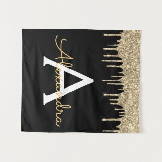 Goud Zwart Luxe Glitter Glam Monogram Naam Wandkleed (Voorkant (horizontaal))