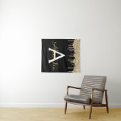 Goud Zwart Luxe Glitter Glam Monogram Naam Wandkleed (In Situ (horizontaal))