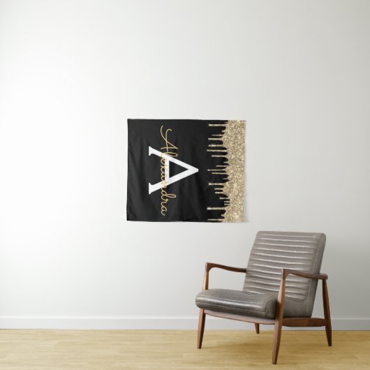 Goud Zwart Luxe Glitter Glam Monogram Naam Wandkleed (In Situ (horizontaal))