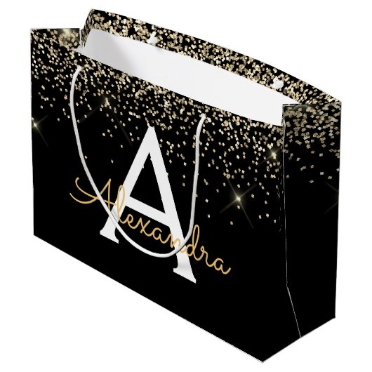 Goud Zwart Luxe Glitter Glans Monogram Groot Cadeauzakje (Achterkant Gekanteld)