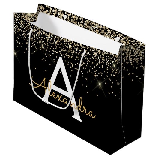 Goud Zwart Luxe Glitter Glans Monogram Groot Cadeauzakje (Voorkant Gekanteld)