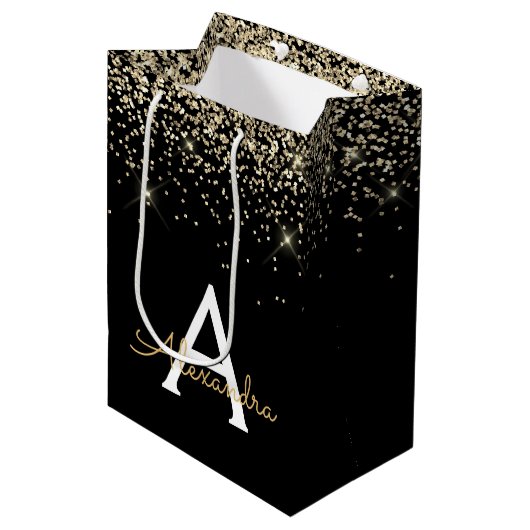 Goud Zwart Luxe Glitter Glans Monogram Medium Cadeauzakje (Voorkant Gekanteld)