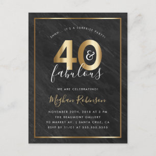 Goud & Zwart Marmer 40 & Fabulous Surprise Party Uitnodiging Briefkaart
