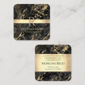 Goud & Zwart Marmer, Gouden Bar, Naam Monogram Inf Vierkante Visitekaartje (Voorkant / Achterkant)