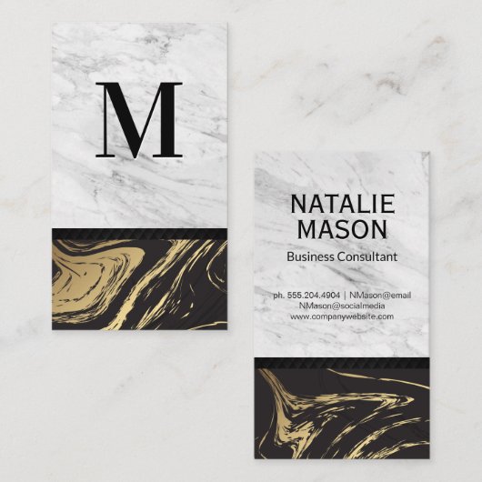 Goud Zwart Marmer | Monogram met gegraveerd wit ma Visitekaartje (Voorkant / Achterkant)