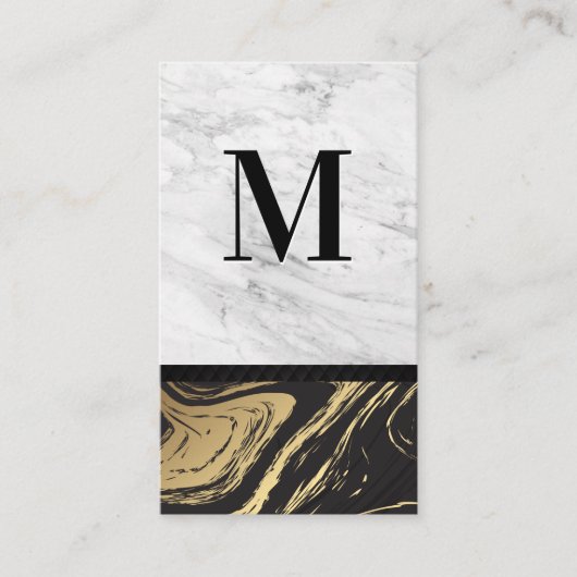 Goud Zwart Marmer | Monogram met gegraveerd wit ma Visitekaartje (Voorkant)