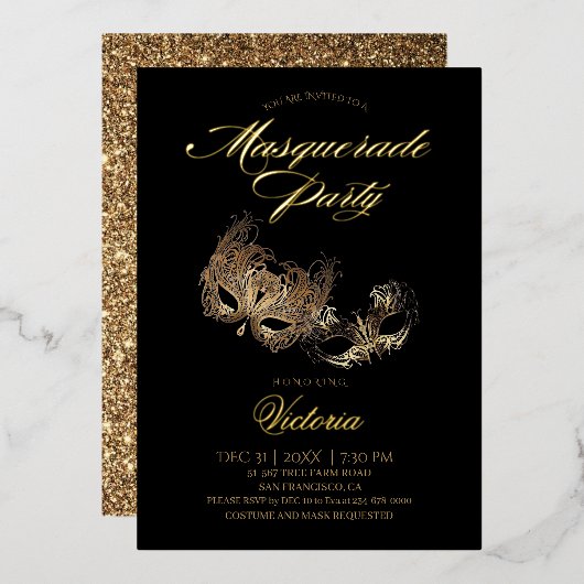 Goud Zwart Masquerade Party Folie Uitnodiging (Voorkant / Achterkant)