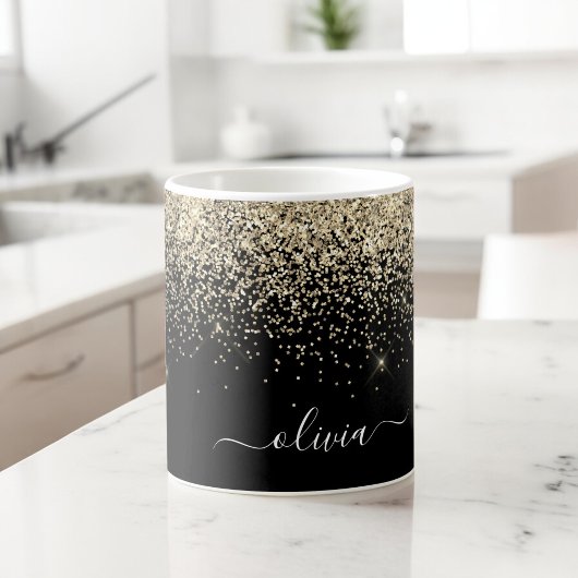Goud Zwart Meisjesachtig Glitter Glans Monogram Na Koffiemok