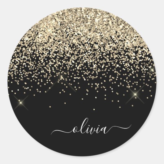 Goud Zwart Meisjesachtig Glitter Glans Monogram Na Ronde Sticker (Voorkant)