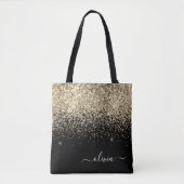 Goud Zwart Meisjesachtig Glitter Glans Monogram Na Tote Bag (Voorkant)