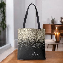 Goud Zwart Meisjesachtig Glitter Glans Monogram Na Tote Bag