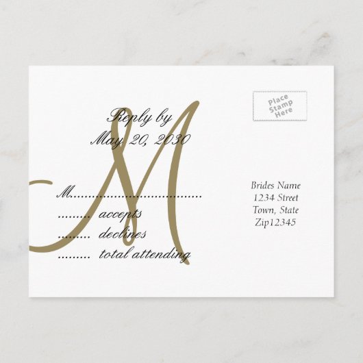 Goud Zwart Minimaal Script Monogram Bruiloft RSVP Uitnodiging Briefkaart (Achterkant)