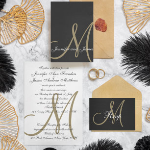 Goud Zwart Minimaal Script Monogram Bruiloft RSVP Uitnodiging Briefkaart