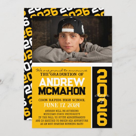Goud & Zwart Modern Afstuderen Fotoaankondiging Kaart (Voorkant / Achterkant)