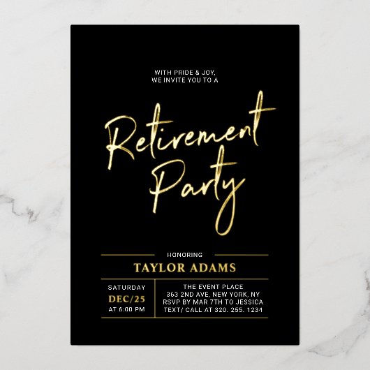 Goud & Zwart Modern Brush Script Pensioenfeest Folie Uitnodiging (Voorkant)
