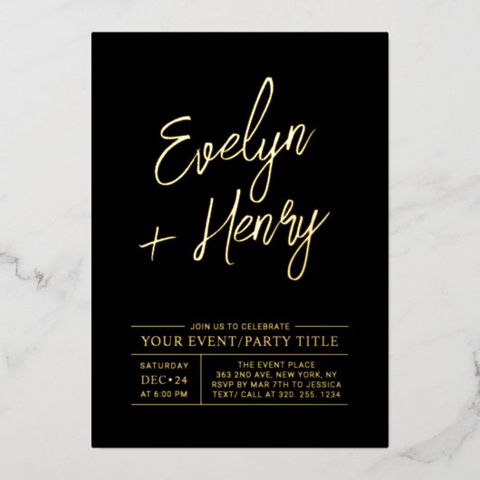 Goud & Zwart Modern Feest Evenement voor elke Gele Folie Uitnodiging (Voorkant)